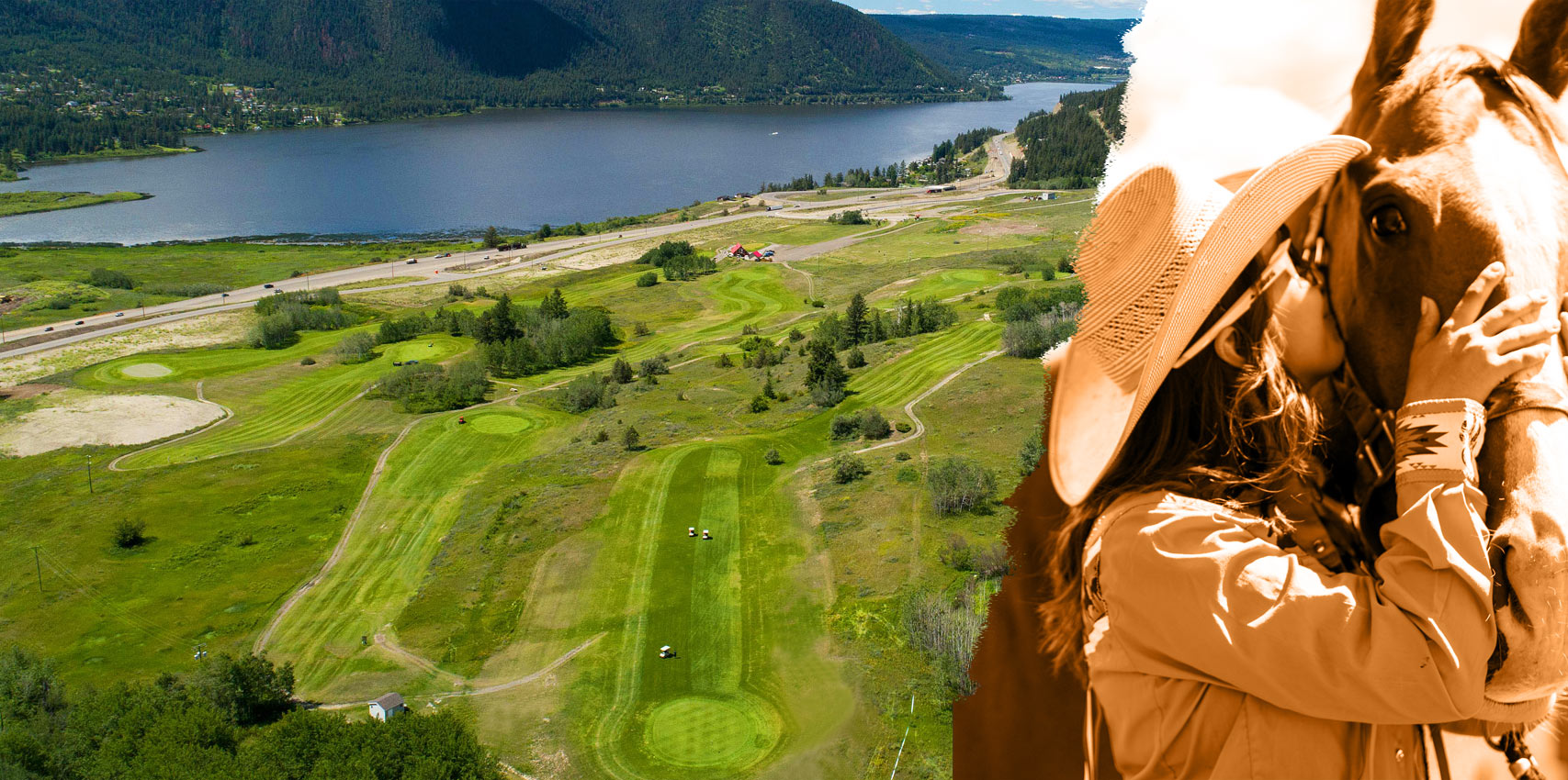 Golf course aerial view and a member with a horse