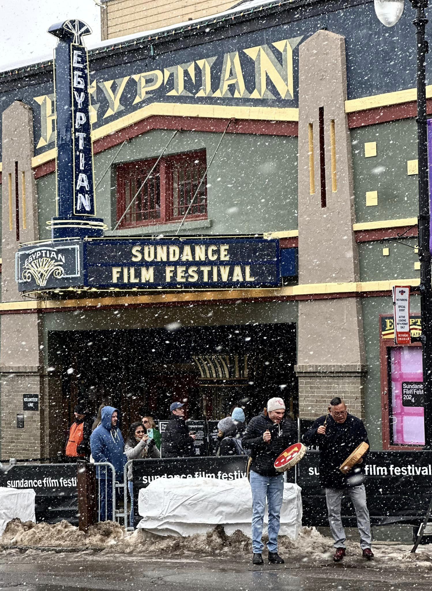WLFN Kukwpi7 Willie Sellars and Cultural Coordinator David Archie outside the Egyptian Theatre, Park City, Utah, at the Sundance Film Festival premiere of the film Sugarcane.